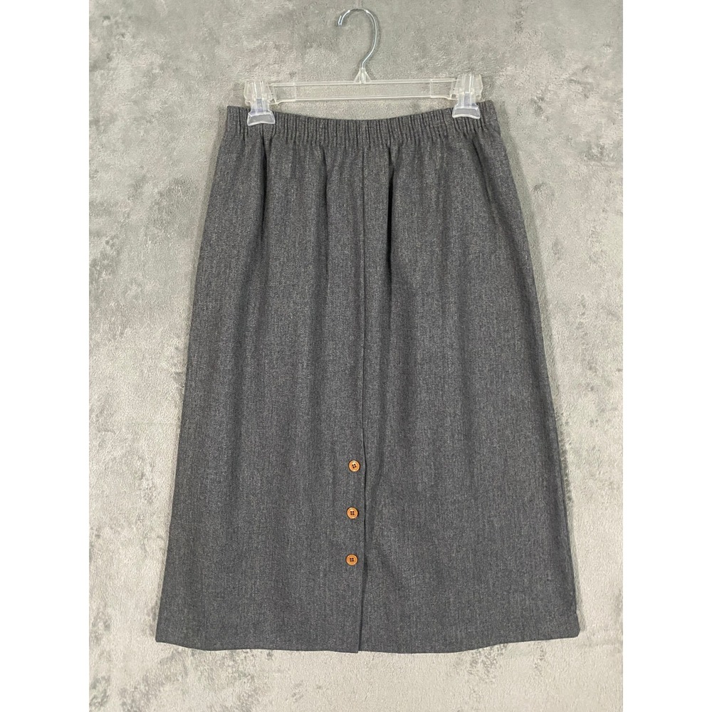 Ermane Skirt Sz 11-12 Gray Wool Blend Pull On Button Hem Modest Midi Made USA
